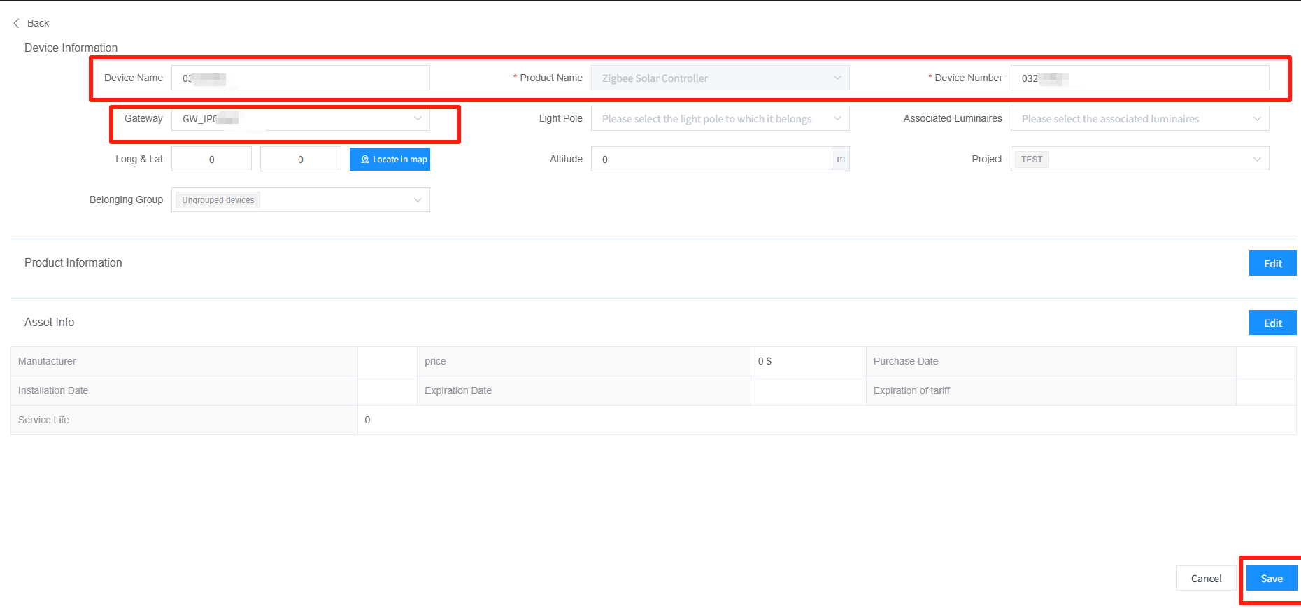 填写设备信息保存