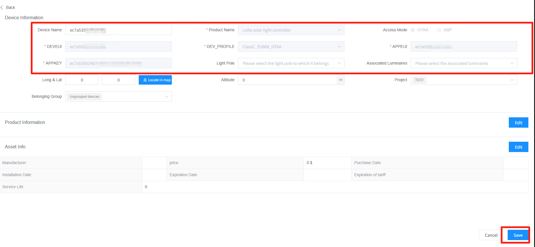 填写设备信息保存
